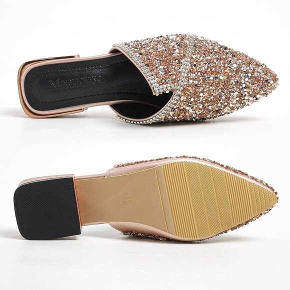 Women's Golden Flats Comfortable Soft Insole Pointed Cherry Rivet Mule Shoes - Picture 4 of 7